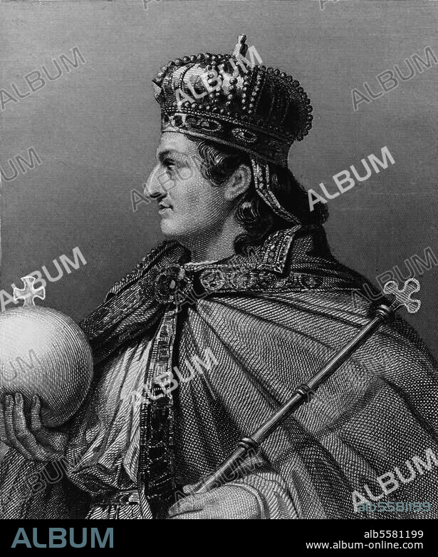 RAYMOND MONVOISIN. Lothair I, Holy Roman Emperor (840-55), eldest son of Louis the Pious; 795 - Prüm. 29.9.855. Portrait. Steel engraving, 1845, by Delannoy after a painting c. 1837, by Raymond-Quinsac Monvoisin (1794-1870). From: Ch. Gavard, Galeries Historiques de Versailles. Color.