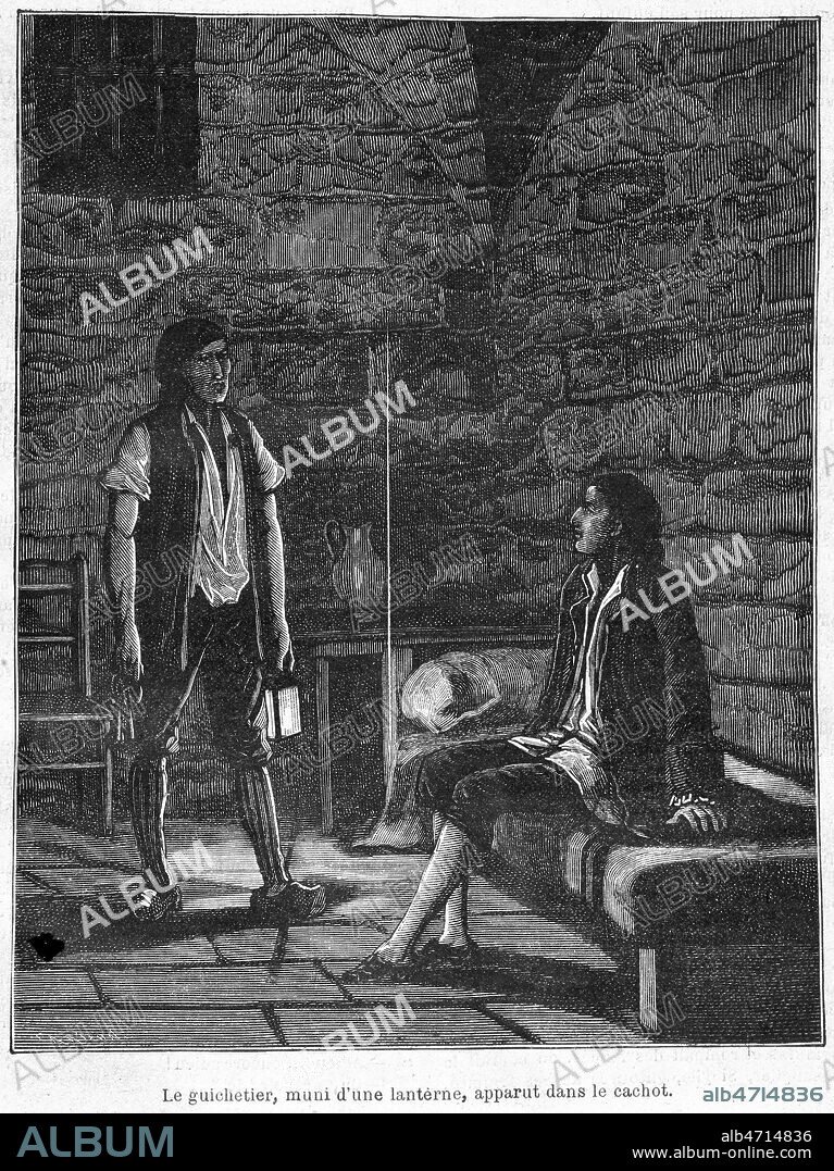 'Le guichetier, muni d'une lanterne, apparut dans le cachot' : le Marquis de Sade emprisonne. Gravure tiree de l'ouvrage 'Le marquis de Sade (1740-1814) - le secret du juge d'instruction' par Pierre DELCOURT, publie dans L'Omnibus en 1888. Credit : Collection KHARBINE-TAPABOR.