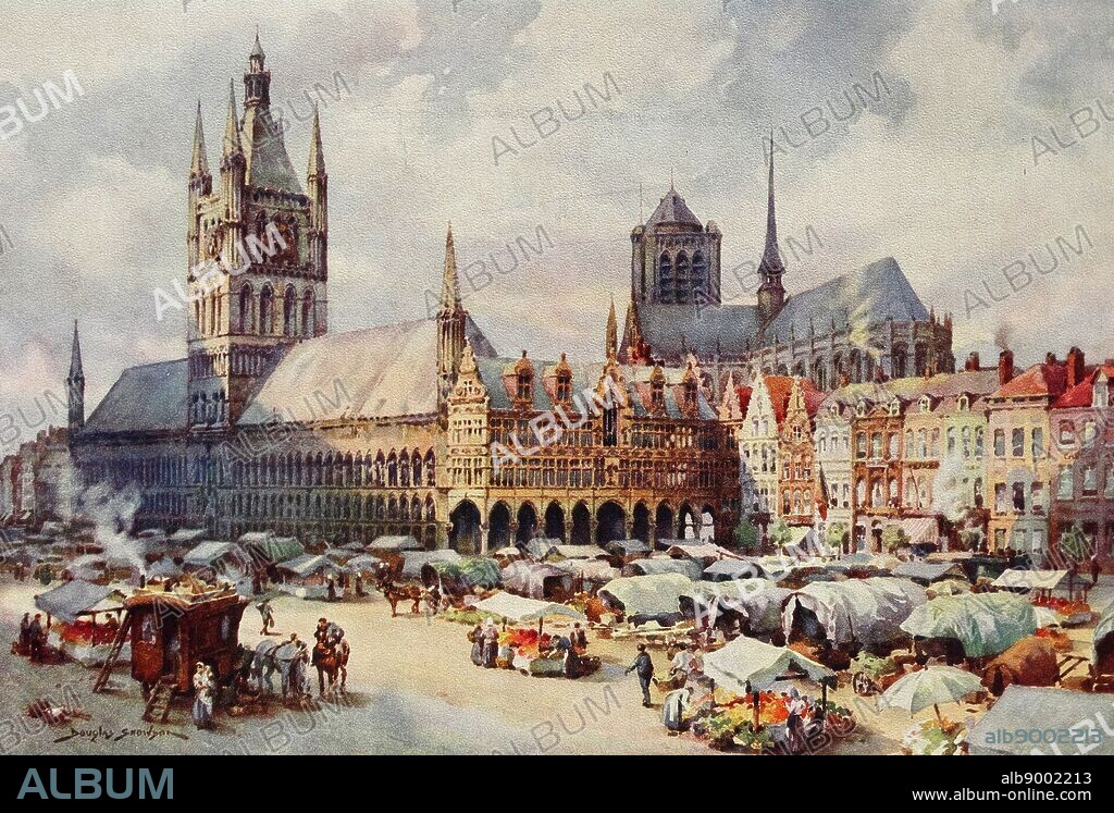 The Market Place, (Grote Markt) in Leper (Ypres) Belgium. The market place of Ypres, now called by its Flemish name Leper, became the natural centre of trade for the town as the central place where the main routes entering the town from the north, south, east and west converged.