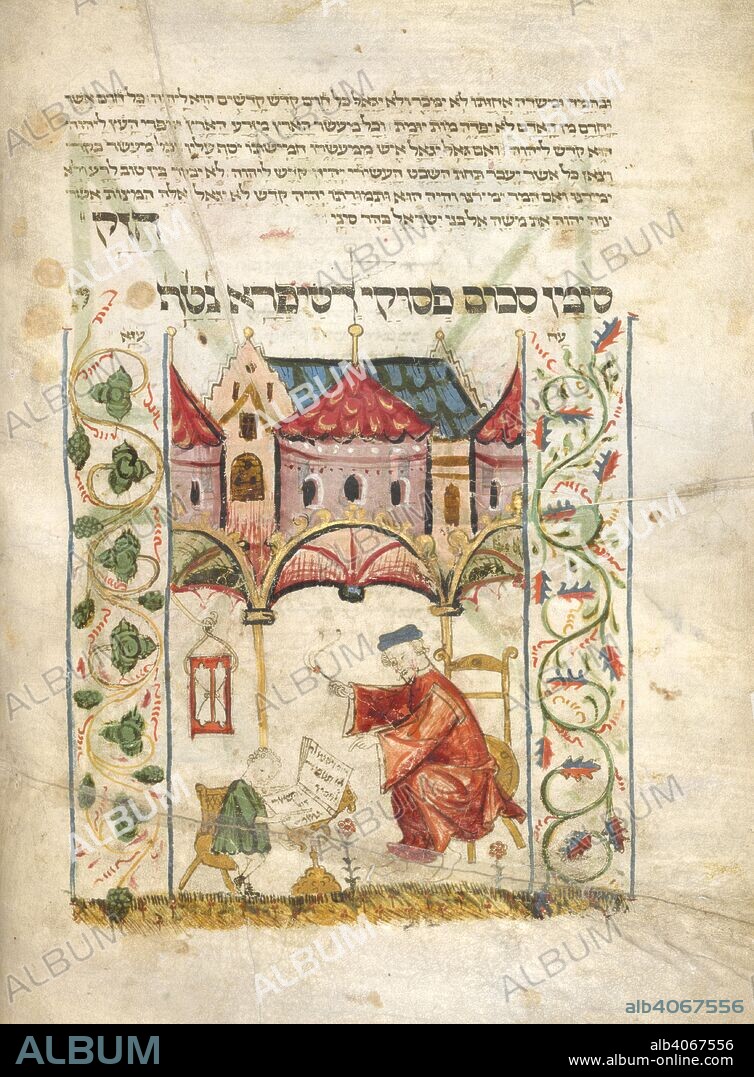 SIMHAH BEN SAMUEL HALEVI. Jewish teacher & pupil. Coburg Pentateuch. Coburg, 1395. Vellum manuscript. Source: Add. 19776, f.72v. Language: Hebrew.