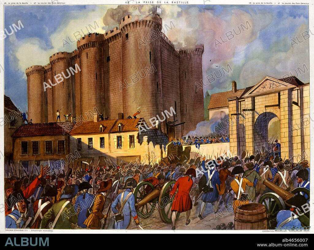 Le 14 Juillet 1789, le peuple de Paris prend d'assault la vieille forteresse de la Bastille, reconvertie en prison et en cache d'armes. Panneau scolaire des editions Rossignol,1953. Credit: Imagerie Rossignol/KHARBINE-TAPABOR.