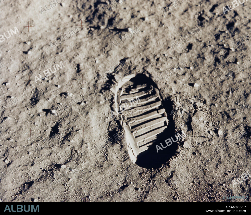 Apollo 11 - NASA, 1969. The first footprint on the Moon', Apollo 11 mission, July 1969. Boot-print of US astronaut Neil Armstrong, first man to set foot on the Moon, clearly visible in the lunar soil. The Apollo 11 Lunar Module, code named Eagle, with Neil Armstrong and Buzz Aldrin on board, landed in the Sea of Tranquillity on 20 July 1969. Apollo 11 was the fifth manned Apollo mission, and was the first to land on the Moon.