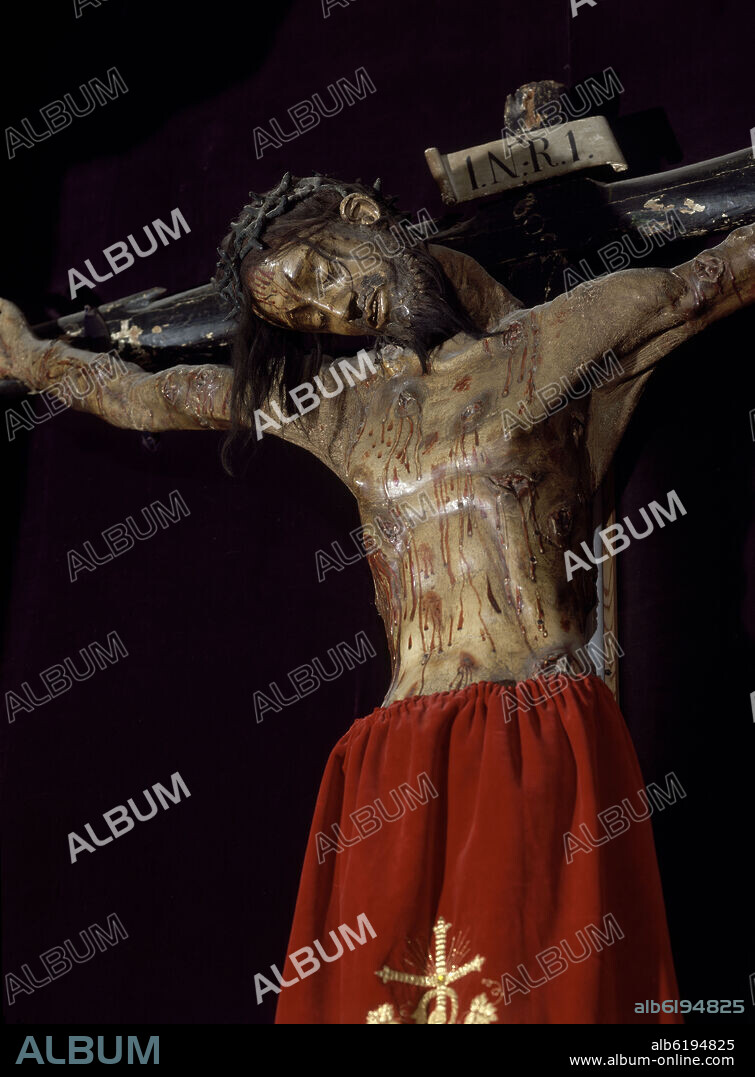 Crucified Christ located in the chapel of the Holy Christ from the Santa Maria de Burgos cathedral.. 14th century. Wood and leather. Burgos, Spain.