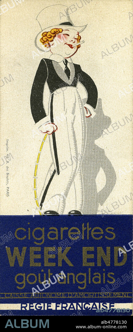 'Cigarettes Week End gout anglais'. Marque page publicitaire vers 1930. Illustration par Rene VINCENT (1879-1936). Credit : Colllection IM/KHARBINE-TAPABOR.