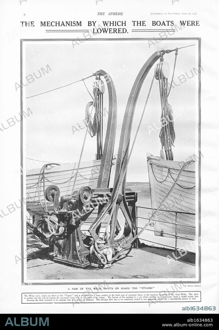 Titanic Lifeboats. RMS Titanic Lifeboats. Illustration showing a pair of the Welin Davits on board Titanic used to lower the lifeboats into the water. Titanic was built by Harland & Wolff in Belfast Ireland during 1910 - 1911 and later sank on April 15th, 1912 after striking an iceberg off the coast of New Foundland with the loss of 1,522 passengers and crew during her maiden voyage from Southampton, England to New York, USA, with the loss of 1,522 passengers and crew. (Photo by Titanic Images/Universal Images Group).