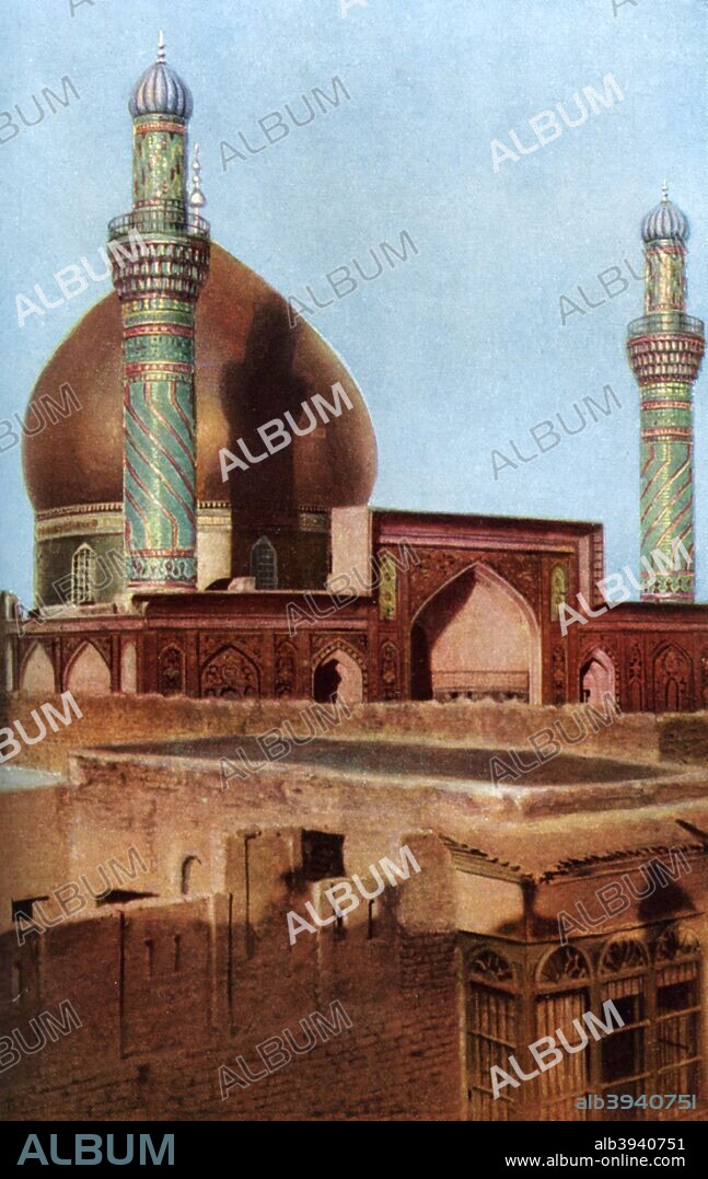 The al-Askari Mosque, Samarra, Iraq, c1930s. Originally built in 944, the al-Askari Mosque is the shrine of Ali al-Hadi and Hasan al-Askari, the 10th and 11th Twelver imams and is one of the holiest sites to Shia Muslims. The golden dome was added in 1905. The dome and the two minarets were destroyed by Sunni insurgent bombings in 2006 and 2007 but were rebuilt, with the shrine re-opening in April 2009. A print from Countries of the World, edited by JA Hammerton, volume IV, The Fleetway House, c1930s.