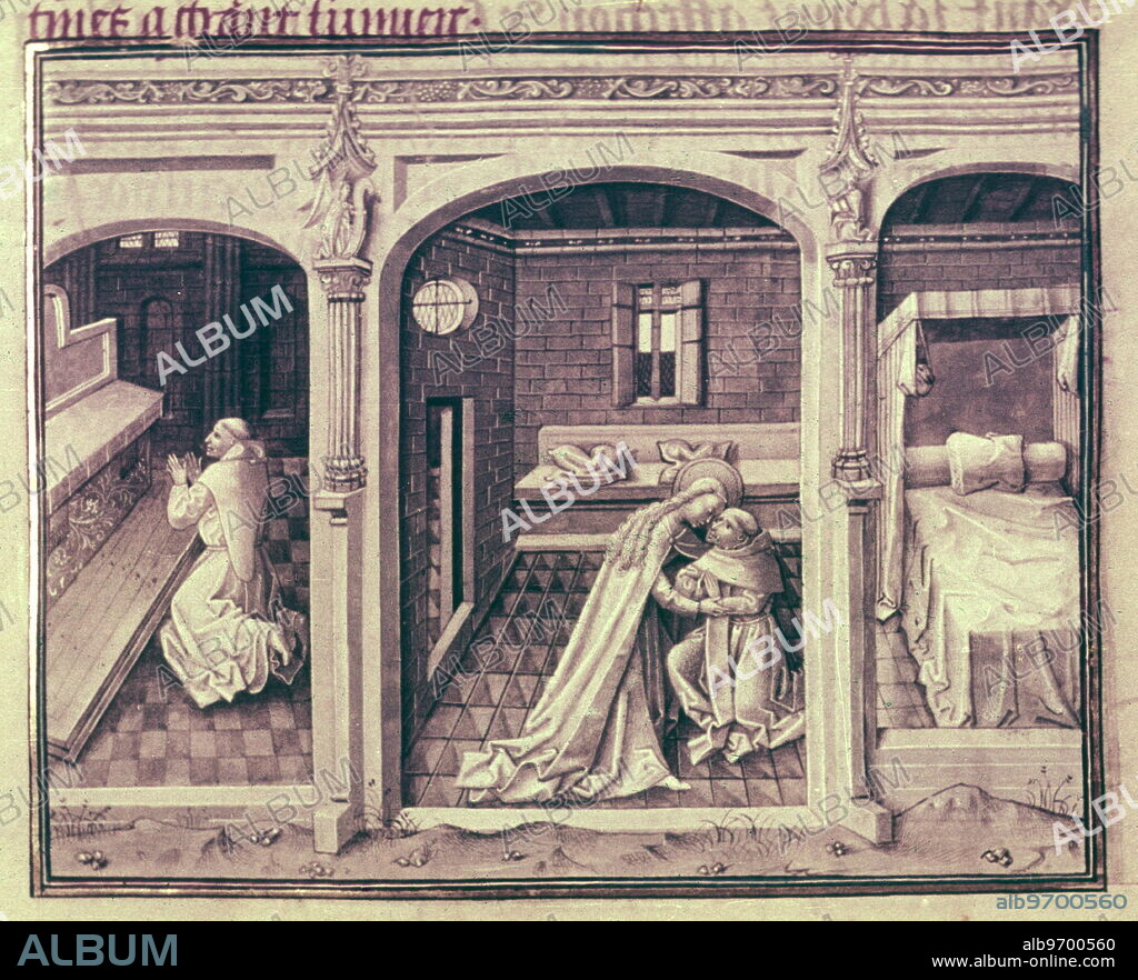 Illuminated Manuscript : 15th Century Flemish Manuscript Miracles de la Glorieuse vierge Marie or Miracles of the Glorious Virgin Mary - showing monk praying.
