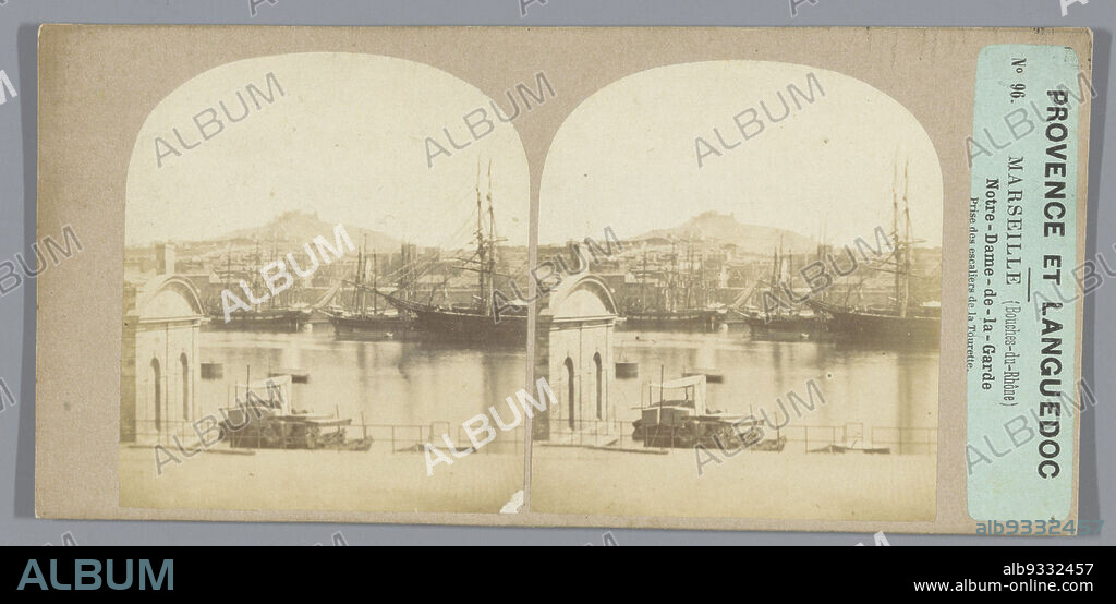 Ships in the port of Marseille, Marseille (Bouches-du-Rhône), Notre-Dame-de-la-Garde, prise des escaliers de la Tourette (title on object), Provence et Languedoc (series title), anonymous, Marseille, c. 1860 - c. 1880, cardboard, albumen print, height 85 mm × width 170 mm.