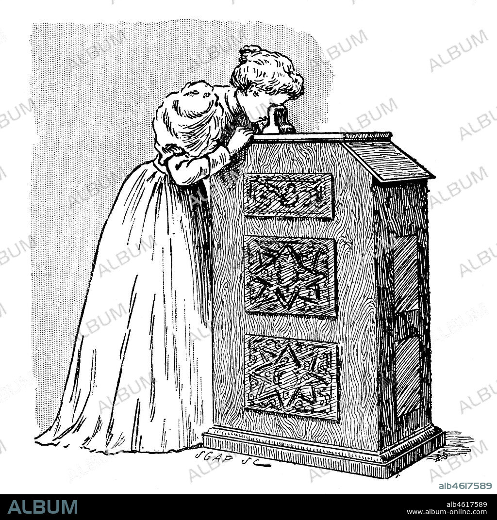 Quinetoscopio, aparato precursor del proyector de películas ideado por Thomas Alva Edison (1847-1931) y desarrollado posteriormente con la colaboración de otros científicos. Grabado de 1896.