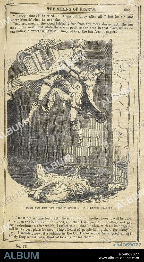 JAMES MALCOM RYMER. 'Todd and the Bow street officer.'. The String of pearls; or, The Barber of Fleet Street. A domestic romance. London :Published by E. Lloyd, Sailsbury Square, Fleet Street , MDCCCL [i.e. 1850]. Source: C.140.d.6 volume 2 page 609.