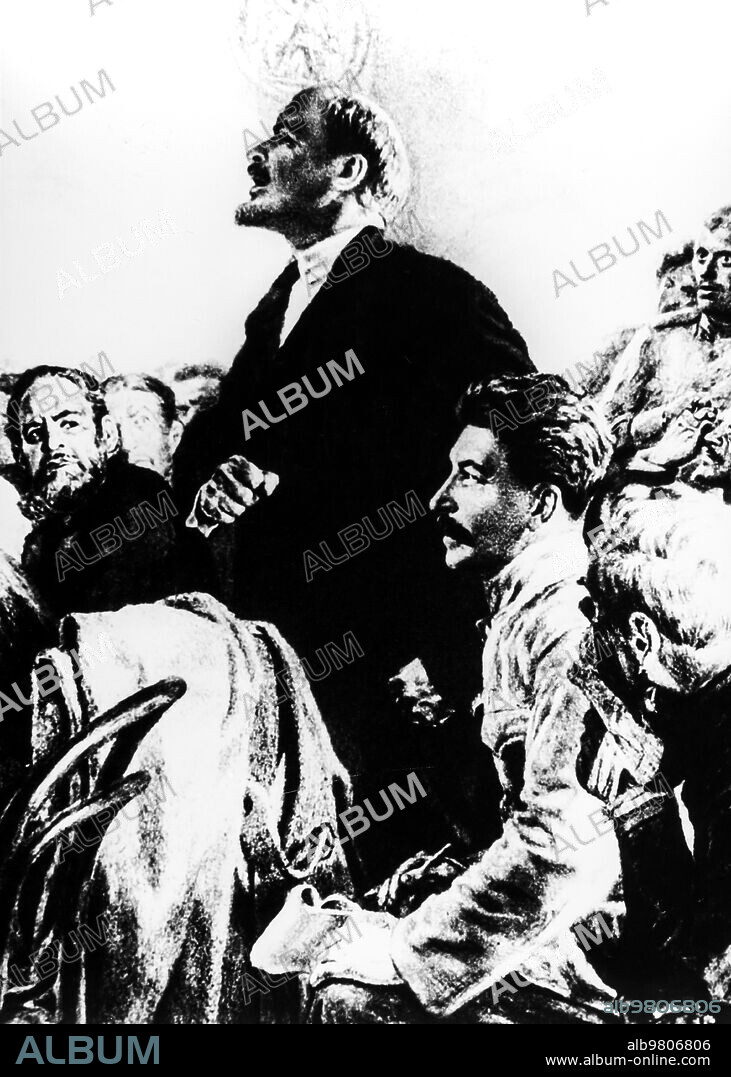 Painting of Lenin with Stalin, from the Albanian stamp in honor of the October Revolution.