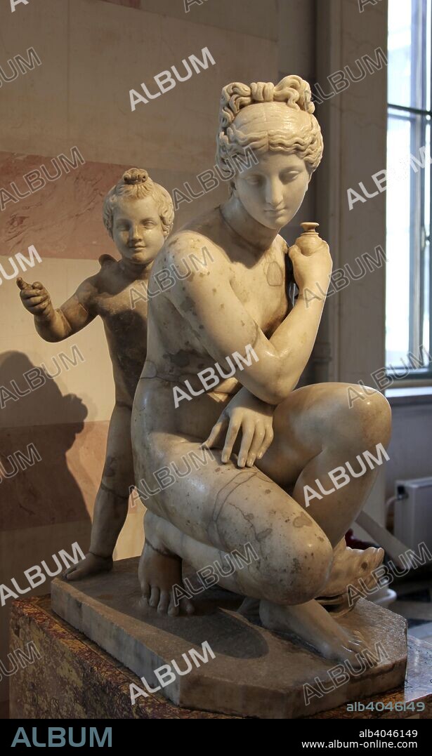 Statue of bathing Aphrodite and Eros. Roman, after a Greek original of the second half of the 3rd century BC. In Greek mythology, Aphrodite was the Goddess of Love and Beauty and Eros was her son. Their equivalents in the Roman pantheon are Venus and Cupid. Found in the collection of The Hermitage, St Petersburg.