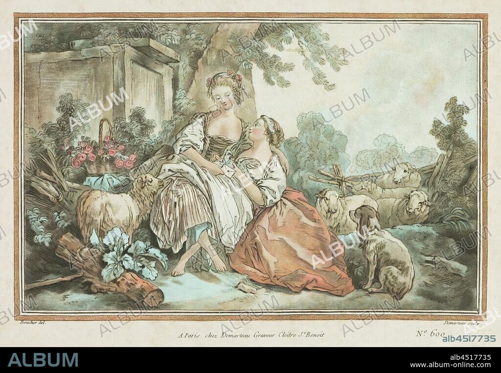 Gilles Demarteau, Flemish, 1722-1776, after François Boucher, French, 1703-1770, The Love Letter, 18th Century, Engraving and roulette printed in color, Image: 7 1/4 x 10 1/2 in. (18.4 x 26.7 cm).