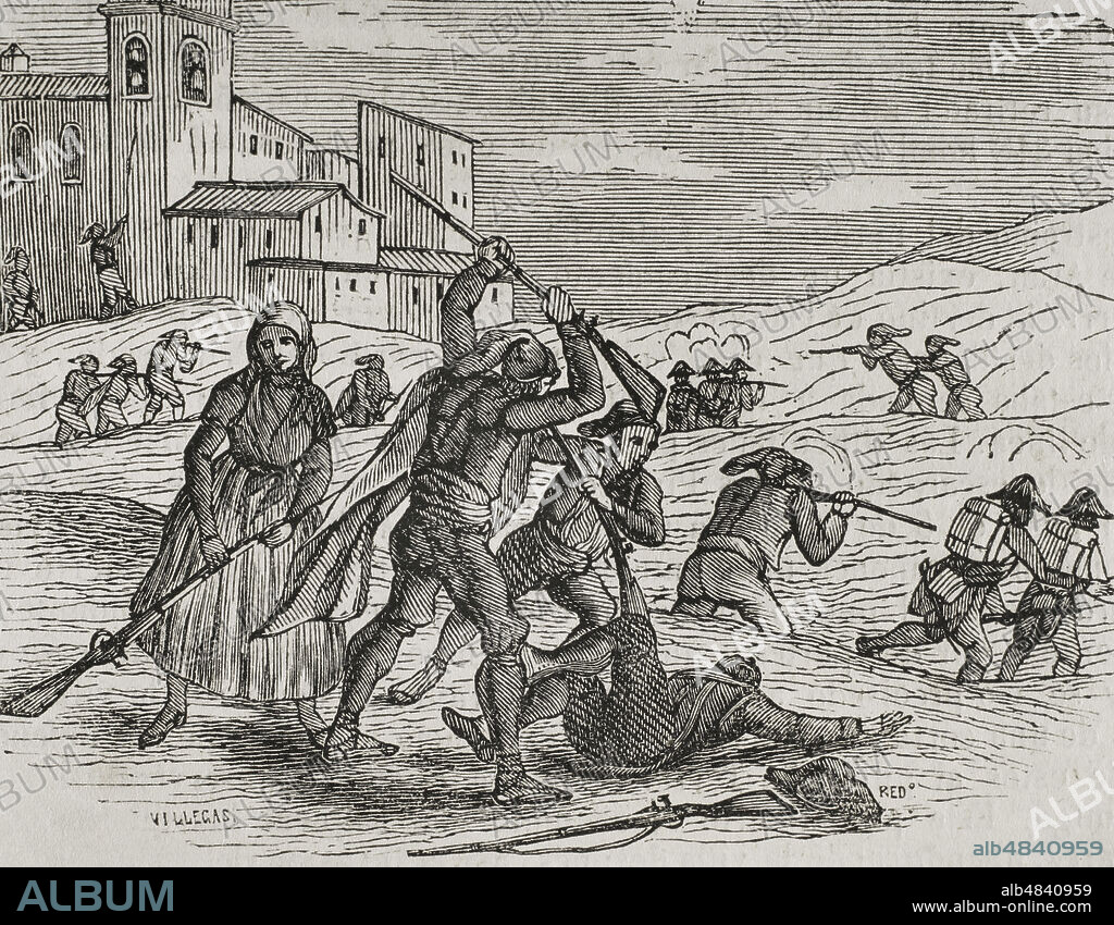 Guerra del Rosellón, también llamada Guerra de los Pirineos o Guerra de la Convención (1793-1795). Conflicto entre la España de Carlos IV y la Primera República Francesa. "Somatenes catalanes". Se trataba de un cuerpo civil armado para la autodefensa y protección de las tierras. Grabado. "Historia del Levantamiento, Guerra y Revolución de España", por el conde de Toreno. Madrid,1851.