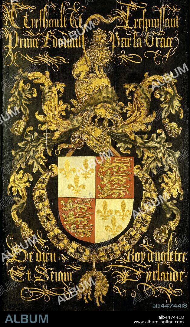 Shield of Edward IV (1442-83), King of England, in his Capacity as Knight of the Order of the Golden Fleece, Coat of Arms of Eduard IV (1442-83), in his as a knight in the order of the Golden Fleece. Coming from the choir of the Sint Jan in Den Bosch and placed there in the holding of the Chapter in 1481 by Maximilian of Austria. Part of the collection of heraldic objects, knighthood order of the Golden Fleece, coat of arms (as symbol of the state, etc.), England, Eduard IV of York (king of England), Order of the Golden Fleece, Pierre Coustain (attributed to), c. 1481, panel, oil paint (paint), support: h 120 cm × w 77 cm sight size: h 111.3 cm × w 68 cm.