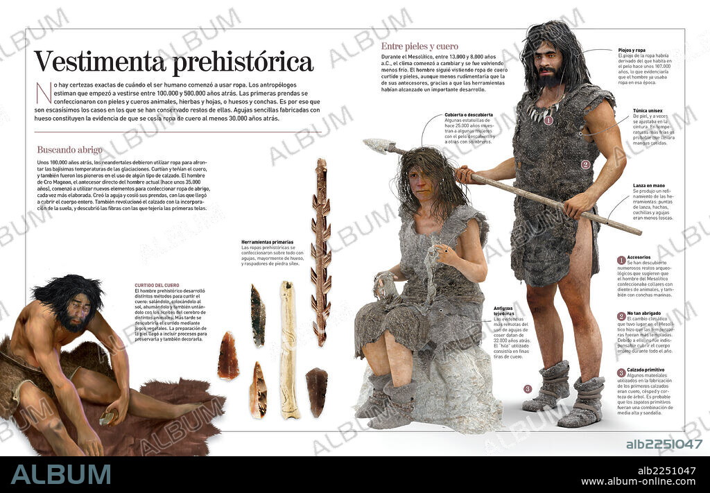 Vestimenta prehistórica. Infografía acerca de la vestimenta prehistórica (100.000 a 5.000 años atrás), y cómo ésta fue evolucionando con los años.