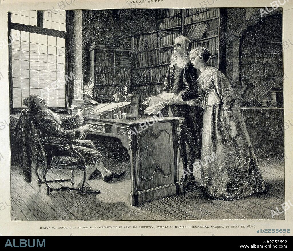 MILTON , JOHN. ESCRITOR INGLES. 1608 - 1674. " MILTON VENDIENDO A UN EDITOR SU MANUSCRITO DE " EL PARAISO PERDIDO ". CUADRO DE BIANCHI. GRABADO DE LA ILUSTRACION ESPAÑOLA Y AMERICANA.