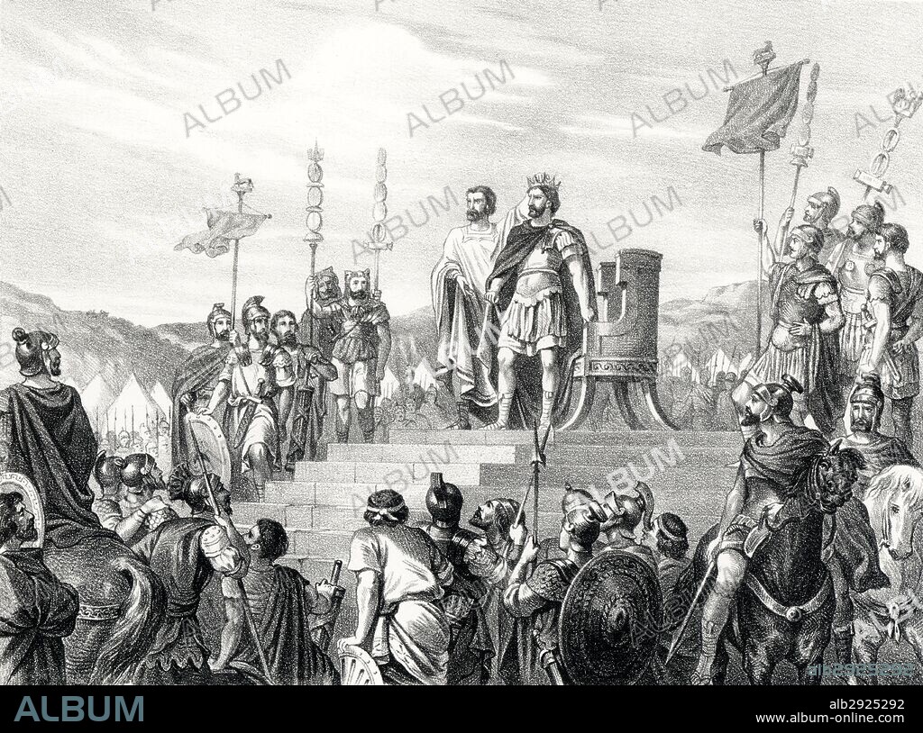 Historia. El emperador Graciano el Joven (359-383) coronando a Teodosio I el Grande (347-395) el año 379. Grabado de 1871.