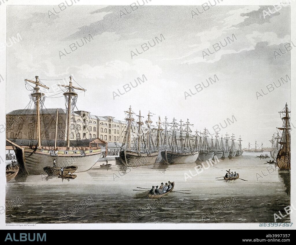 West India Docks, London, 1808-1810. The docks were built in 1799-1802. The chief engineer was William Jessop, and the warehouses were built by George Gwilt (1746-1807). Illustration from Microcosm of London published by Ackermann, London, 1808-1810.
