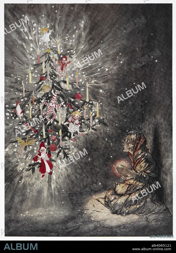 HANS CHRISTIAN ANDERSEN and ARTHUR RACKHAM. 'There she was sitting under the beautiful Christmas tree'.  A young girl looking at brightly lit Christmas tree. Colour illustration for the story, 'the little match girl'. . Fairy Tales ... Illustrated by Arthur Rackham [and selected by him]. London : G. G. Harrap & Co., 1932. Source: C.194.b.161 opposite 194.