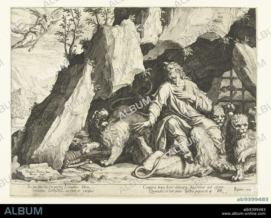 Daniel, with his left hand sitting on his heart amidst seven lions in a cave. At the right back of the cave is a fence for an opening visible, on the left in the background a fortress on a rock. In the top left corner of the picture you can see how a man floats through the air under the guidance of an angel (Habakuk bringing food to Daniel). Below the performance a four-line Latin caption, Daniel in the lion's den., print maker: Jacob de Gheyn (II), (mentioned on object), Dirck Barendsz., (mentioned on object), Heyman Jacobi, (mentioned on object), print maker: Netherlands, publisher: Amsterdam, 1588 - 1592, paper, engraving, h 273 mm × w 357 mm.
