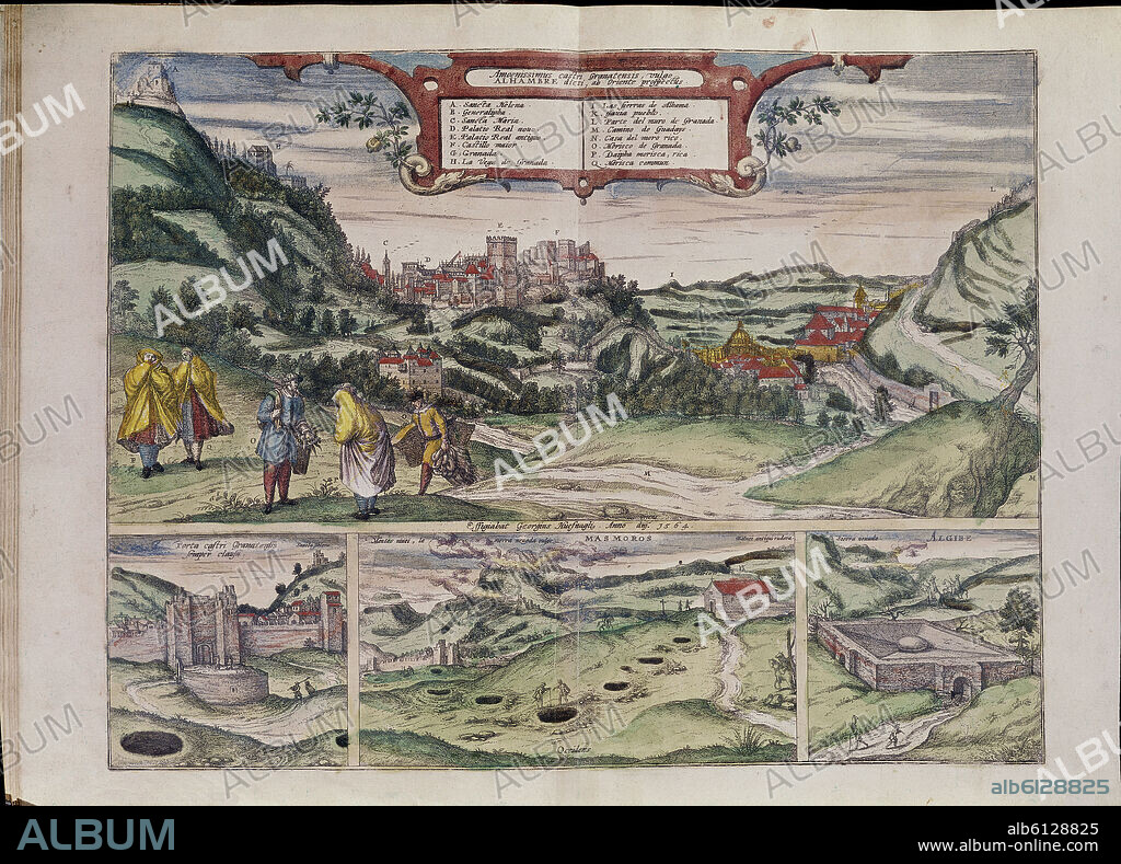 GEORG BRAUN 1541-1622 / FRANS HOGENBERG. CIVITATES ORBIS TERRARUM - VISTA DE LA ALHAMBRA DE GRANADA - GRABADO - SIGLO XVI.