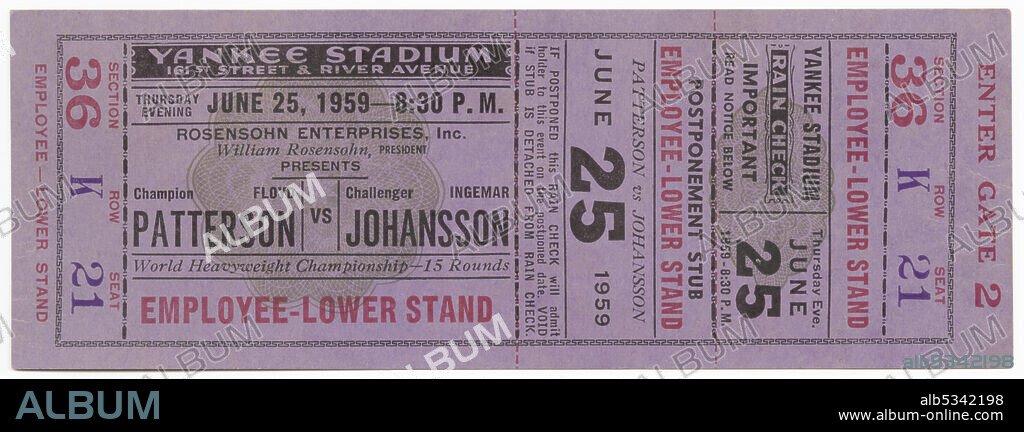 The World Heavyweight Championship boxing match between African-American Floyd Patterson (1935-2006) and Swede Ingemar Johansson (1932-2009) was held at the Yankee Stadium in New York City. Johansson beat Patterson to take the World Heavyweight Champion title. The ticket is purple with black and red printed text. The text appears both horizontally and vertically on the ticket. The horizontal text on the left side of the ticket begins “YANKEE STADIUM / 161ST & RIVER AVENUE…”.