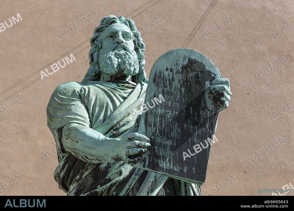 Moses statue outside Vor Frue Kirke, St Marys Cathedral, Church of Our Lady, Copenhagen, Denmark.