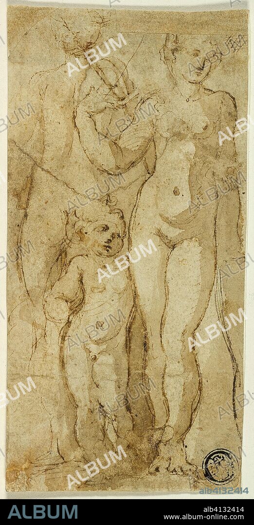 CIRCLE OF PARMIGIANINO. Venus and Cupid. Circle of Francesco Mazzola, called Parmigianino; Italian, 1503-1540. Date: 1523-1541. Dimensions: 137 x 69 mm (max.). Pen and brown ink with brush and pale brown wash, on buff laid paper, partially laid down on tan laid paper, tipped onto ivory laid paper. Origin: Italy.