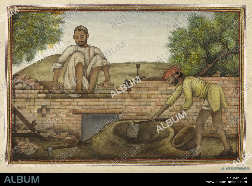 Raj, mason or bricklayer. An occupational sub-group of the Tarkhan or carpenter caste. Represented by a man (raj) building the wall and another (muzdur) mixing mortar.