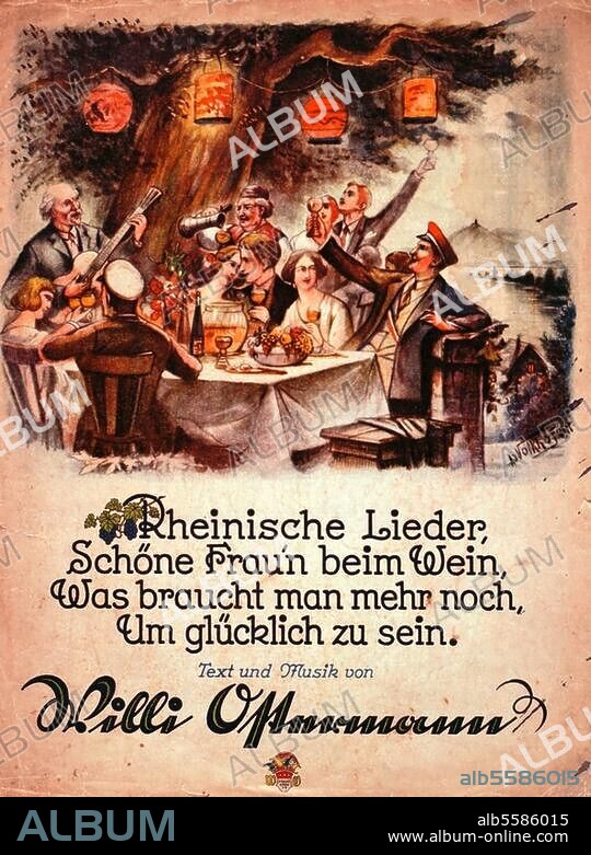 Gastronomie:. Gartenwirtschaft. "Rheinische Lieder, schöne Frau'n beim Wein, was braucht man mehr noch, um glücklich zu sein". Text und Musik von Willi Ostermann. Titelseite des Notendrucks Köln. (Ostermann-Verlag) 1929. Berlin, Sammlung Archiv für Kunst und Geschichte.