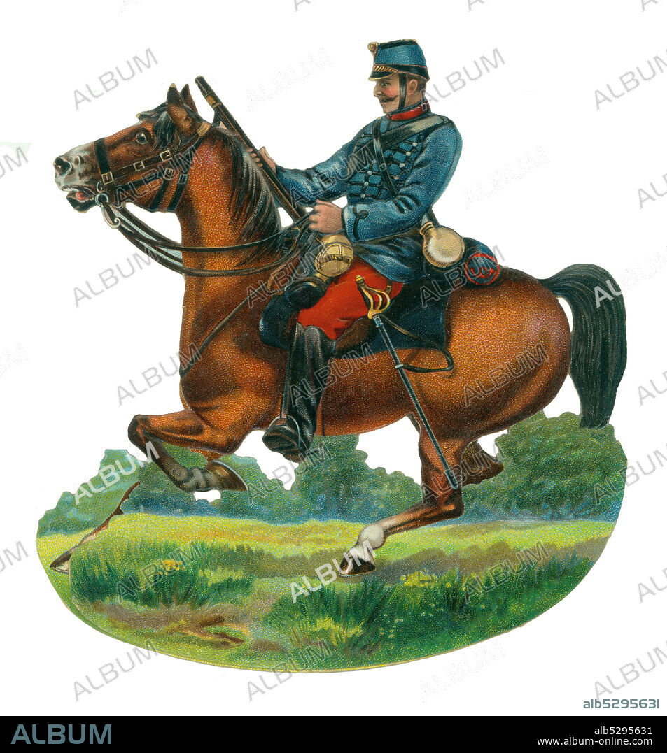 Cromolitografía troquelada de un soldado cazador francés. Impreso en Alemania. Años 1890.