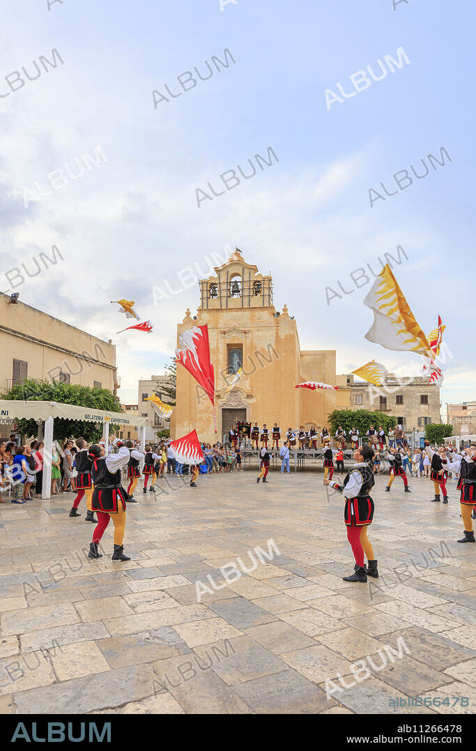 Traditional costumes and flags, Favignana island, Aegadian Islands, province of Trapani, Sicily, Italy, Europe.