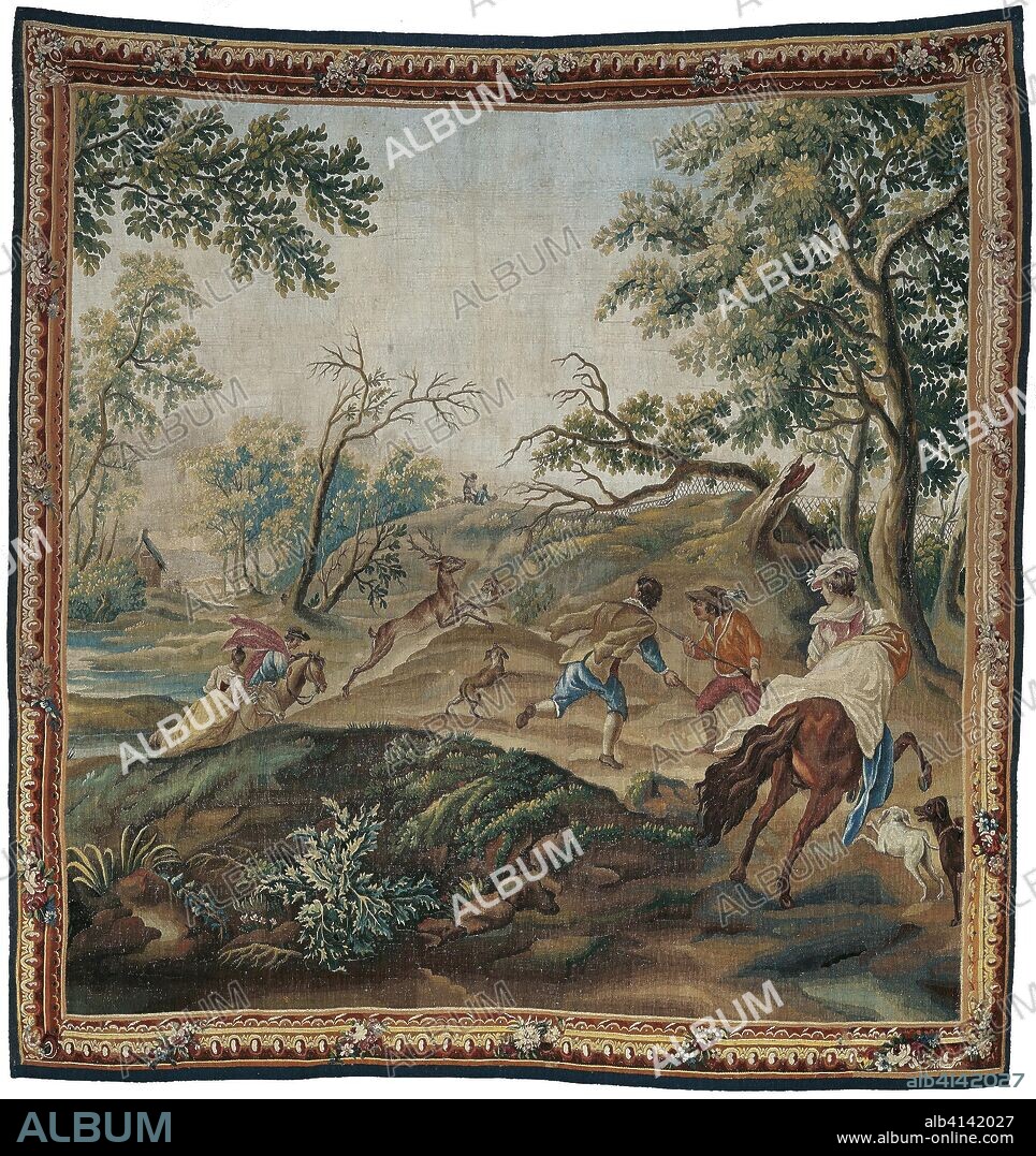 The Stag Hunt, from Pastoral Hunting Scenes. After a design by an unknown artist after an engraving by Jacques Philippe Lebas (1707-1783) after Philips Wouwerman (1619-1668), c. 1766; Presumably woven at the workshop of Léonard Roby (active c. 1750-c. 1789); France, Aubusson. Date: 1765-1785. Dimensions: 268.6 × 281.62 cm (105 3/4 × 110 7/8 in.). Wool and silk, slit and double interlocking tapestry weave. Origin: Aubusson.