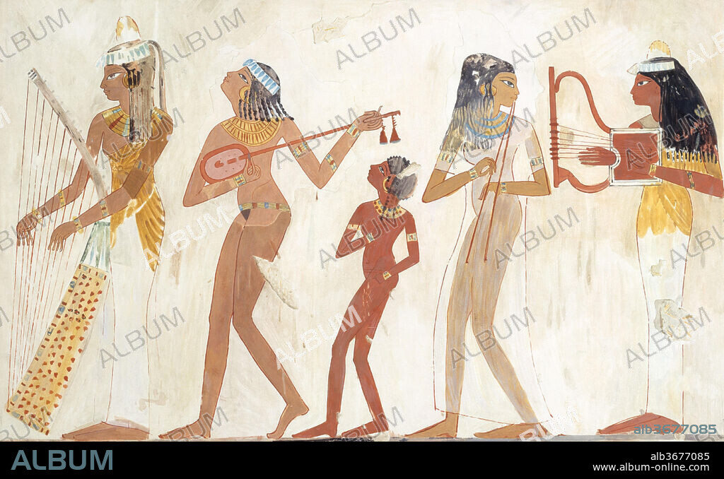 Female Musicians. Artist: Charles K. Wilkinson. Dimensions: facsimile:H. 41 × W. 64.8 cm (16 1/8 × 25 1/2 in.)
scale 1:1
framed: 42.9 × 66.7 cm (16 7/8 × 26 1/4 in.). Dynasty: Dynasty 18. Reign: reign of Thutmose IV. Date: A.C. 1920-1921, original ca. 1400-1390 B.C..
This facsimile painting copies a detail of entertainers in a banquet scene in the tomb of Djeserkaraseneb (TT 38) at Thebes.  Shown here is the troup of female musicians who entertain the guests.