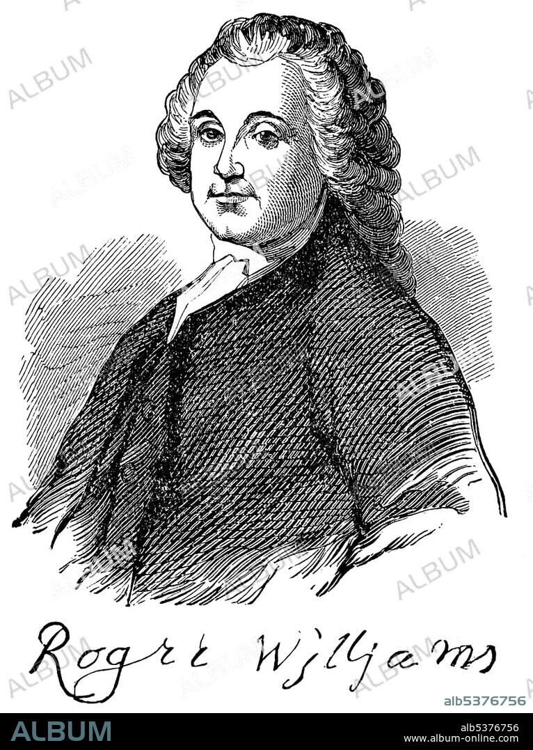 Historical drawing from the U.S. history of the 17th century, portrait of Reverend Roger Williams, 1599 - 1683, founder of the State of Rhode Island.
