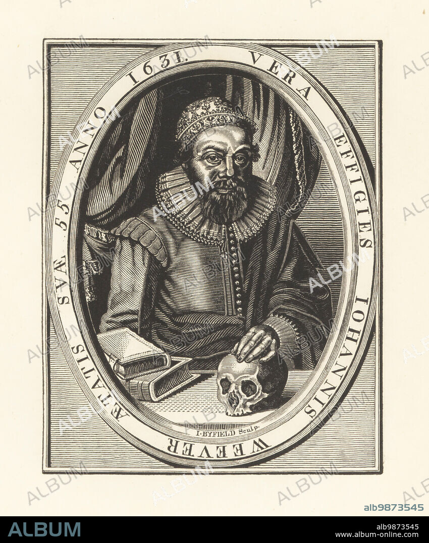 John Weever, English antiquary, poet and historian, 15761632. In skull cap, ruff collar and doublet, with books and human skull. Engraved by John Byfield from the scarce woodcut by Thomas Cecill in Weever's book Ancient Funerall Monuments. Johannis Weever, aetatis 55 anno 1631. Copperplate engraving from Samuel Woodburns Gallery of Rare Portraits Consisting of Original Plates, George Jones, 102 St Martins Lane, London, 1816.