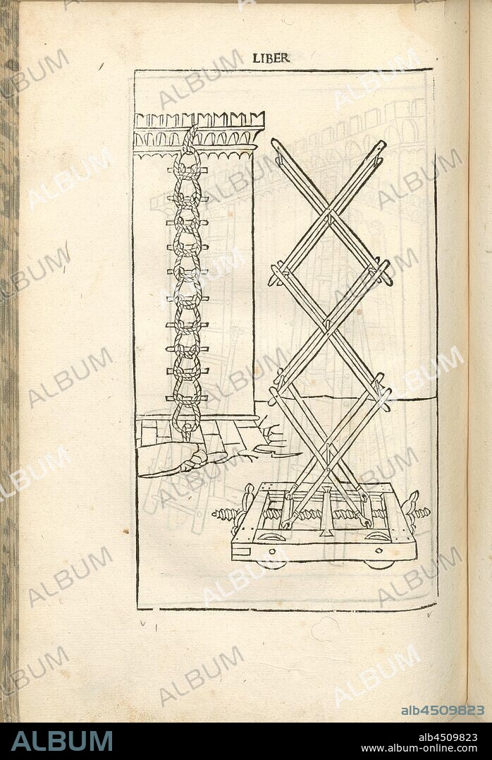 Foldable ladders, Warfare in the Middle Ages, Overcoming a Fortress Wall, Escalade, Foldable / Foldable Ladder, Rope Ladder, Woodcut, S. 354, (Liber decimus), 1483, Roberto Valturio: [De re militari]. Verona: [Boninus de Boninis], [1483].