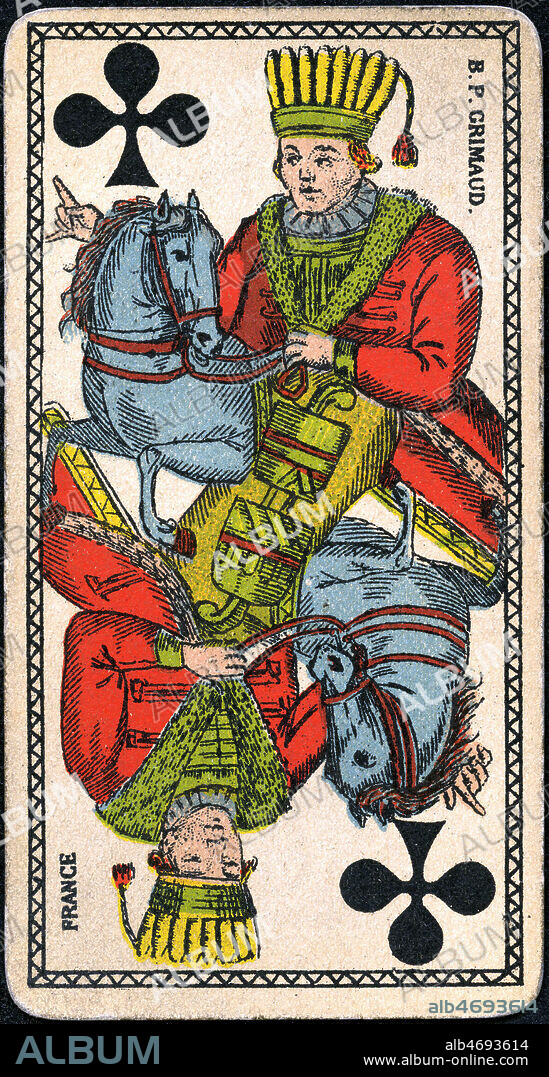 Cavalier de TREFLE Carte de TAROT, Edite par les Ed Grimaud vers 1900, 19eme siecle. Credit Collection IM/KHARBINE TAPABOR.