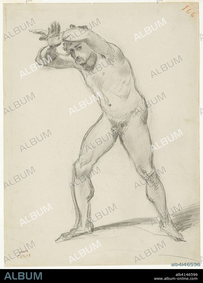 Standing Male Nude. Jean-Baptiste-Camille Corot; French, 1796-1875. Date: 1843. Dimensions: 370 × 274 mm. Graphite, with stumping, on greenish ivory laid paper. Origin: France.