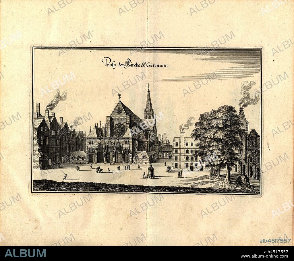 Prosp. Of the Church of St. Germain, Church of Église Saint-Germain-l'Auxerrois in Paris, Fig. 10, p. 64, Marot, Jean (d'après), 1661, Martin Zeiller: Topographia Galliae, oder Beschreibung und Contrafaitung der vornehmbsten und bekantisten Oerter in dem mächtigen und grossen Königreich Franckreich: beedes auss eygner Erfahrung und den besten und berühmbtesten Scribenten, so in underschiedlichen Spraachen davon aussgangen seyn, auch auss erlangten Bericht und Relationen von etlichen Jahren hero zusammen getragen, in richtige Ordnung gebracht und auff Begehren zum Druck verfertiget. Franckfurt am Mayn: in Verlag Caspar Merians, 1655-1661.