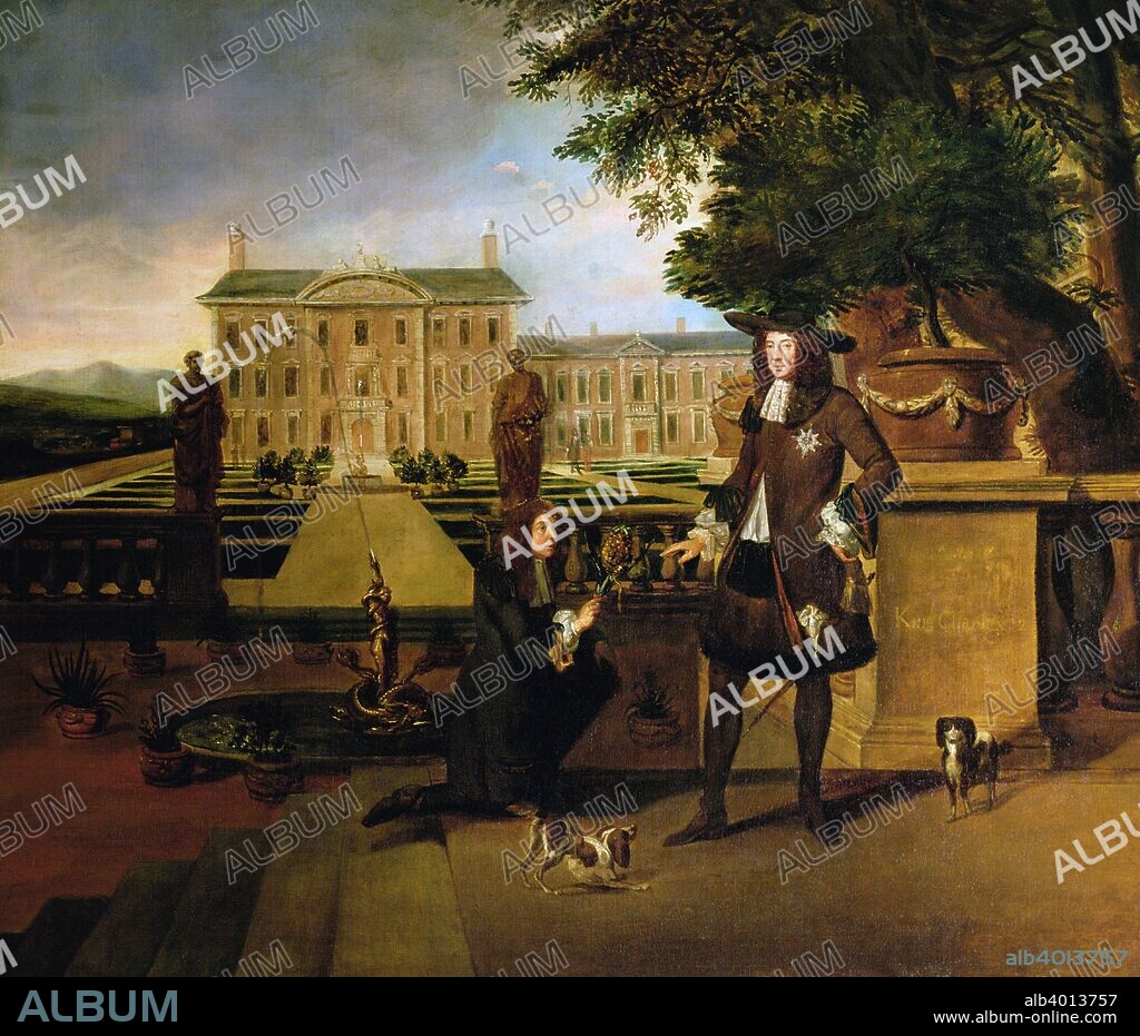 John Rose, the King's Gardener, presenting Charles II with a pineapple, 17th century. The fruit was supposedly the first grown in England, at Dorney Court in Berkshire.