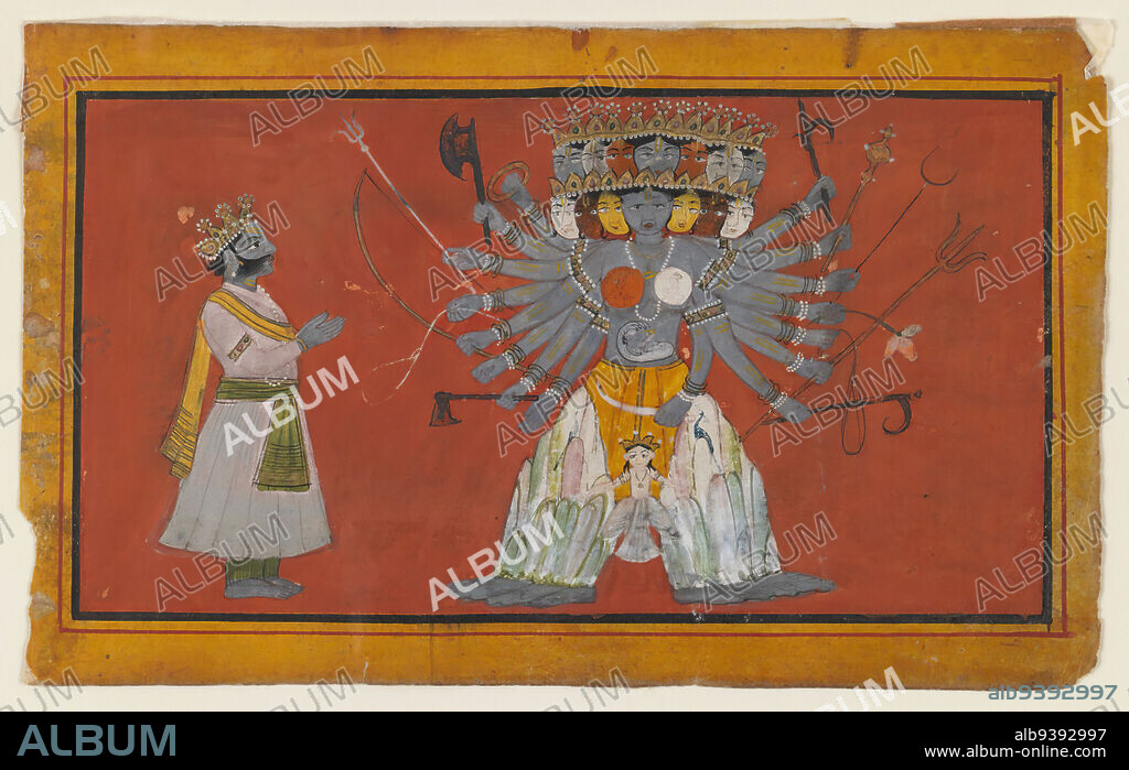 Vishvarupa: The Cosmic Form of Krishna, Indian, Opaque watercolor and gold on paper, ca. 1820, sheet: 3 3/4 x 6 1/8 in., 9.5 x 15.6 cm, Arjuna, arms, Gold, Jammu, Krishna, Mahabharata, Mountains, Paper, Punjab Hills, Universe, Vishvarupa, Watercolor.