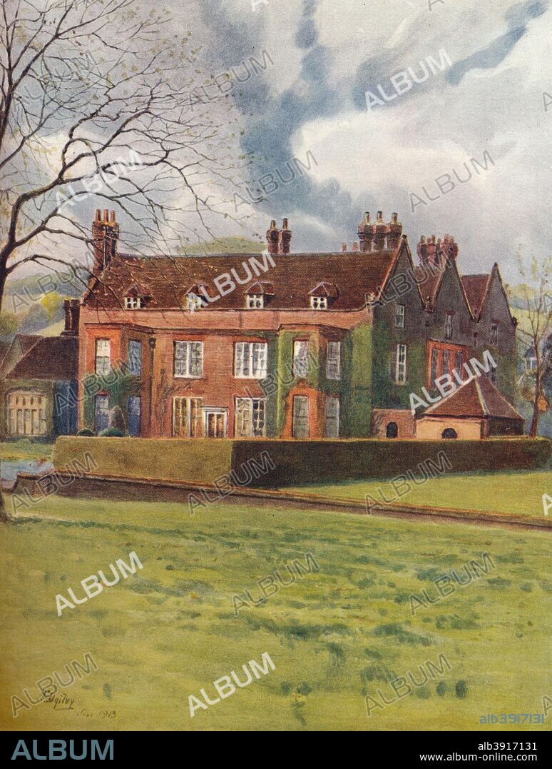 'Barrow Green court, Oxted', 1913, (1914). Barrow Green Court, Oxted, Tandridge, Surrey. The original red brick manor house dates to the early 17th century, by the 18th century sash and bay windows were added with extensive alterations to the interior. From A Pilgrimage In Surrey, Vol. 2, by James S. Ogilvy. [George Routledge & Sons Limited, London, 1914].
