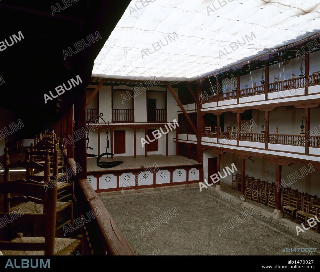 Open Air Comedy theater (Corral de Comedias) (16th and 17th centuries).  Corral scene and dressing side boxes sorrounded by 54 wooden supports and beams. Almagro. Spain.