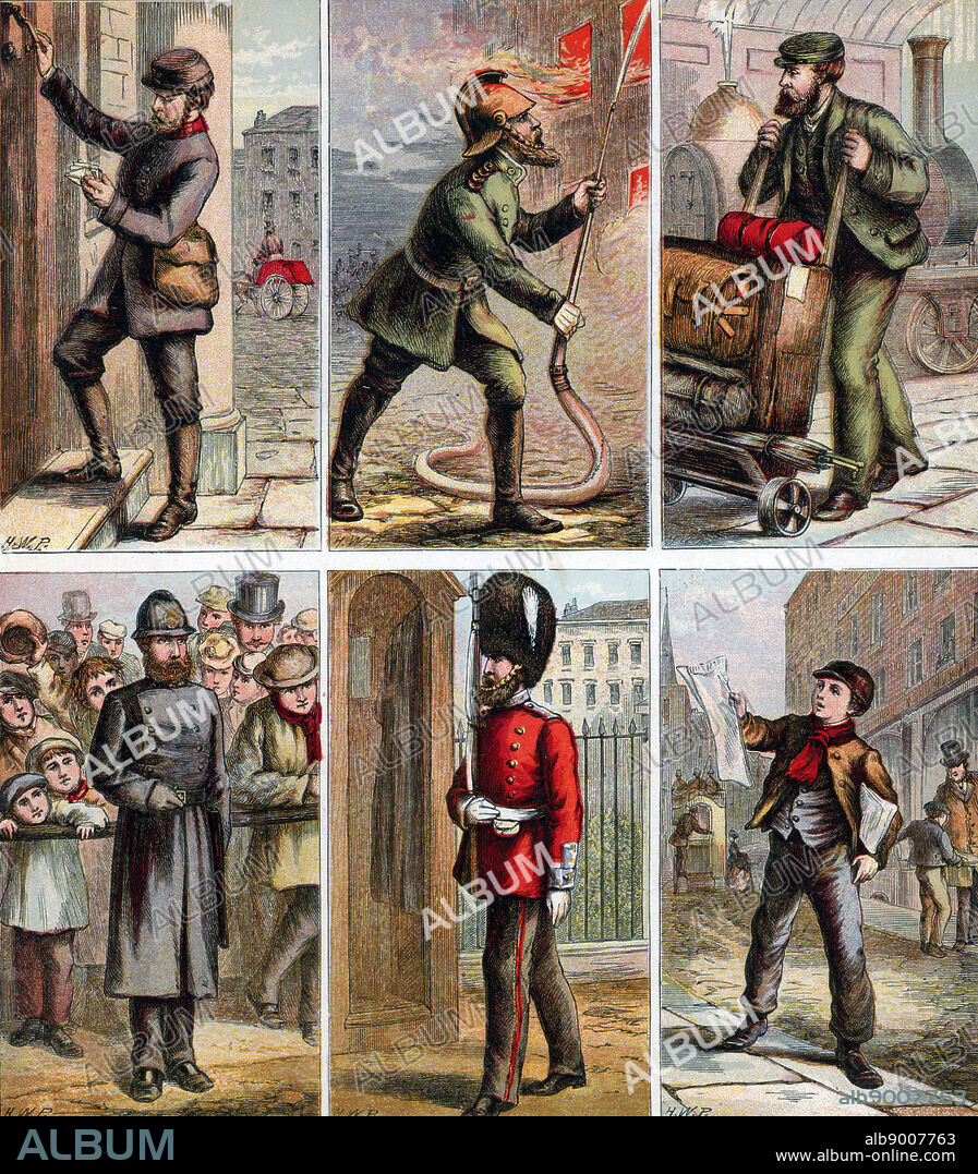 London street scenes. Postman delivering letters: Fireman fighting a fire: Railway Porter with trolley of luggage: Policeman on crowd duty: Guardsman of sentry duty: Newsboy selling papers. Illustrations by Horace William Petherick (1839-1919) for a children's book published London c1875.