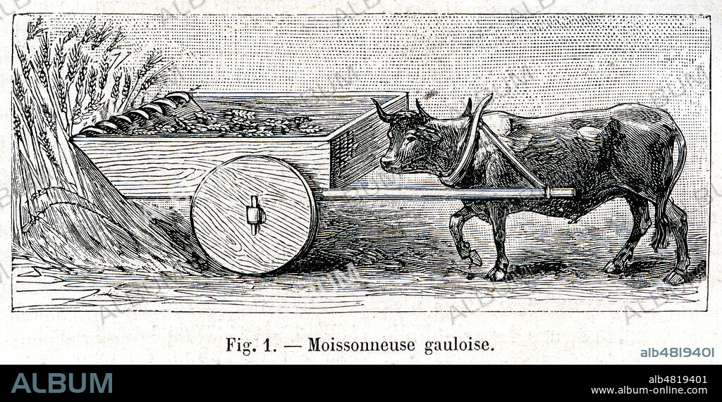 Moissonneuse gauloise. Illustration tiree de la revue La Nature du 25 juillet 1891. Credit : Collection KHARBINE-TAPABOR.