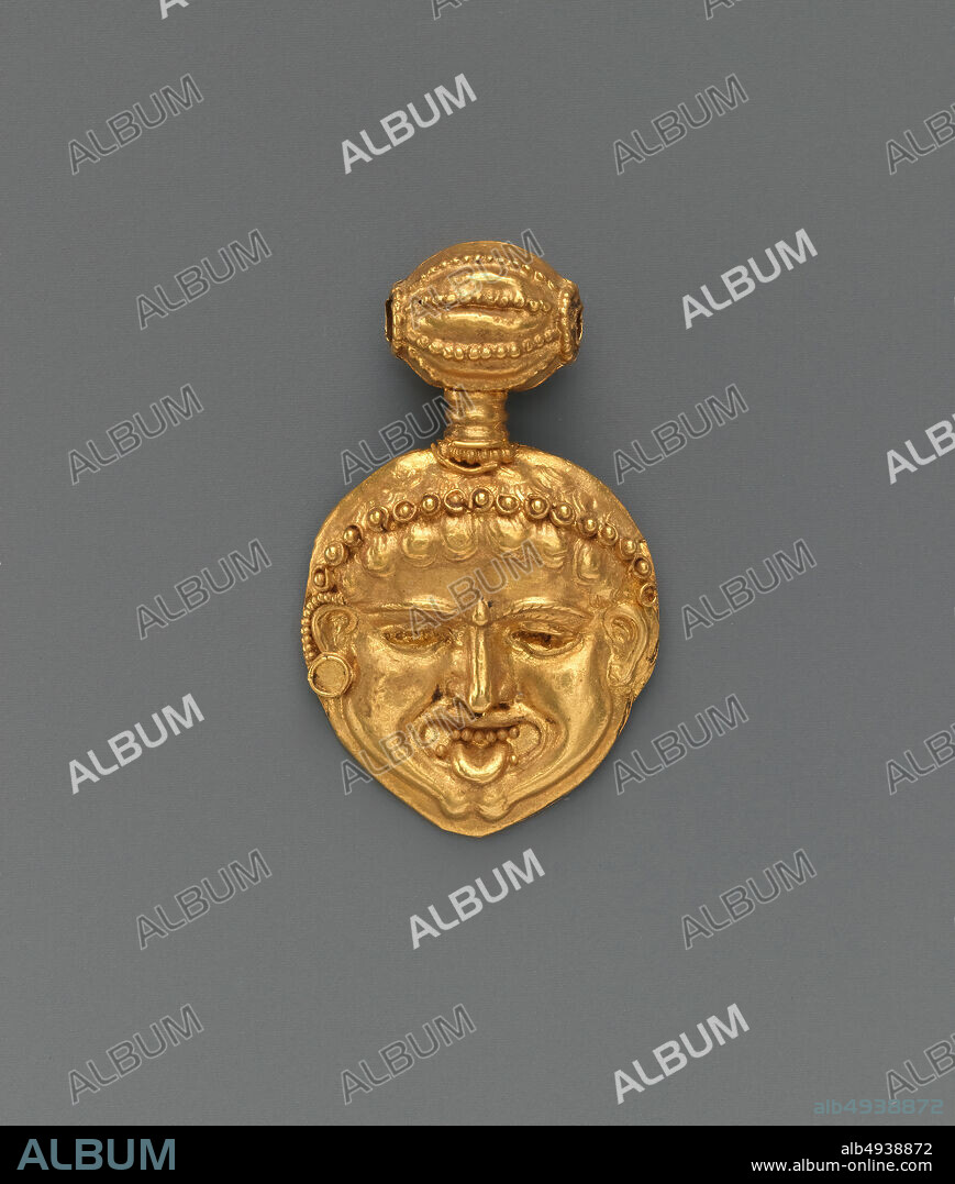 Gold pendant in the form of a gorgoneion (Gorgon's face), Greek, Cypriot, Classical, Date ca. 450 B.C., Greek, Cypriot, Gold, Overall: 1 1/8 x 11/16in. (2.9 x 1.8cm), Gold and Silver.