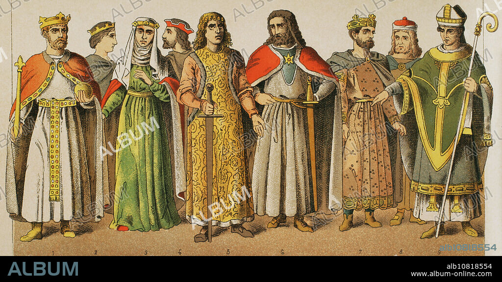 Sacro Imperio Romano Germánico, 1100. De izquierda a derecha, 1: emperador Federico I Barbarroja (1122-1190), 2: princesa, 3: la esposa de Enrique el León, 4-5-6: nobles, 7: rey, 8: noble, 9: obispo. Cromolitografía. "Historia Universal", por César Cantú. Tomo V, 1884.