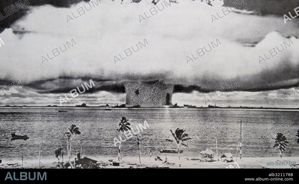 Photographic print of an atomic bomb at Bikini Atoll in Micronesia, the first underwater test. Dated 1946.
